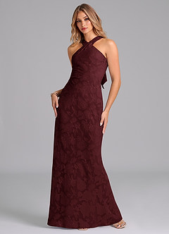 Azazie Doretta Bridesmaid Dresses Cabernet Mermaid Pleated Floral Burnout Dress image5
