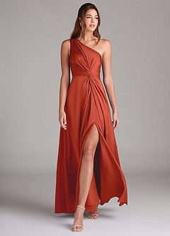 Azazie Brooke Bridesmaid Dresses Rust A-Line One Shoulder Stretch Satin Dress image3