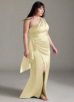 Azazie Maive Final Sale Lemon Sorbet Sheath Ruched Stretch Satin Dress image8