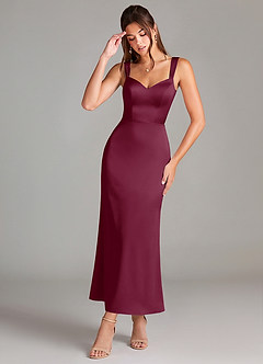 Azazie Denice Bridesmaid Dresses Mulberry Sheath Pleated Stretch Satin Dress image1