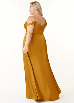 Azazie Ocean Bridesmaid Dresses Butterscotch A-Line V-Neck Pleated Stretch Satin Dress image9