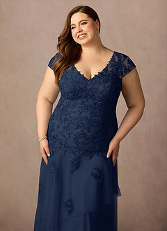 Azazie Romy vestidos de madre de la novia Vestido de Azul Marino Oscuro de Tul de Sirena con Cuello en V Lentejuelas image11