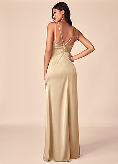 Azazie Aqua Bridesmaid Dresses Champagne A-Line V-Neck Pleated Stretch Satin Dress image2