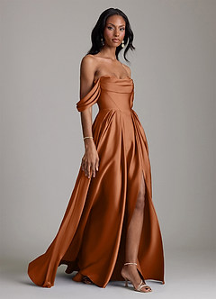 Azazie Loisa Abiti da Damigella Abito A-Line in Raso Elasticizzato a Spalla Scoperta Rame image6