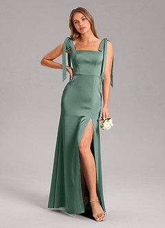 Azazie Frostine Brautjungfernkleider A-Linie Schleifen Stretch-Satin Kleid Eukalyptus image1