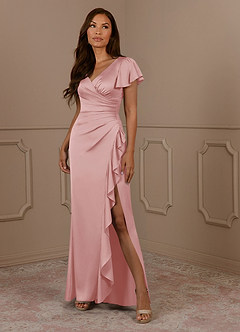 Azazie Roya Mère de la mariée Robes Robe Sirène en Satin extensible Col en V Plissé Rose Poudré image1