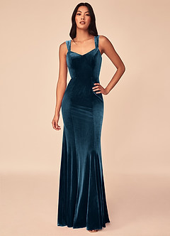 Azazie Lanessa Vestidos de damas de honor Vestido de Topacio Azul de terciopelo de Corte Sirena con Cuello en V image1