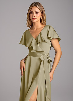 Azazie Lainey Vestidos de damas de honor Vestido de Musgo Verde de Satén Elástico de Corte en A con Con bolsillos image6