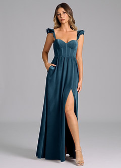 Azazie Denisse Bridesmaid Dresses Blue Topaz A-Line Ruched Velvet Dress image1