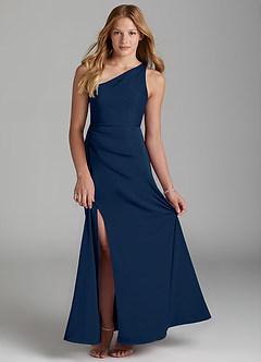 Azazie Maron Junior Dark Navy A-Line Pleated Stretch Satin Dress image1