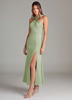 Azazie Rue 신부 들러리 드레스 인어 주름진 스트레치 새틴 발목 길이 드레스 image4