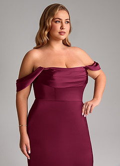 Azazie Saige Bridesmaid Dresses Burgundy Sheath Off the Shoulder Stretch Satin Dress image14