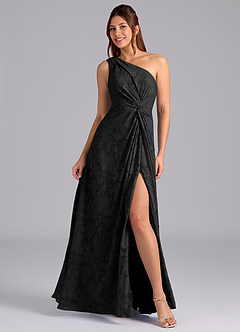 Azazie Brooke Bridesmaid Dresses Black A-Line One Shoulder Floral Burnout Dress image1