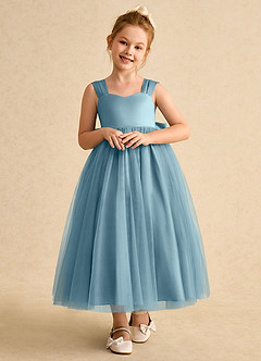Azazie Chickadee Flower Girl Dresses Moody Blue Ball-Gown Sweetheart Neckline Matte Satin Dress image5