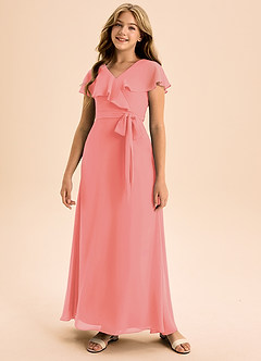 Azazie Lainey Junior Abito A-Line in Chiffon Con Tasche Corallo image4