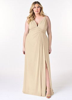 Azazie Maren Allure Abiti da Damigella Abito A-Line in Chiffon con Scollo a V in Pizzo Champagne image6