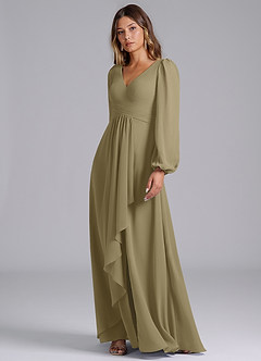 Azazie Liah 신부 들러리 드레스 A라인 긴팔 쉬폰 바닥 길이 드레스 image4