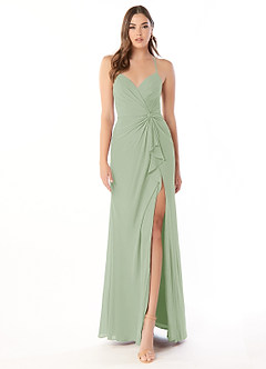 Azazie Aribella At-home Try On Dresses Dusty Blue Sheath Ruched Chiffon Dress image1