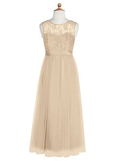 Azazie Georgette Junior Champagne A-Line Lace Tulle Dress image8