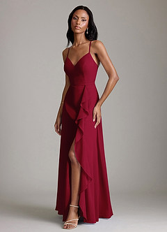 Azazie Naeem Bridesmaid Dresses Burgundy A-Line V-Neck Ruffle Chiffon Dress image5