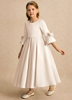 Azazie Eliza vestidos de niña de las flores Vestido Alabastro Blanco de Satin Mate de Línea A con Plisado image3