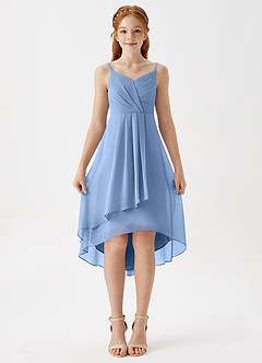 Azazie Mariam Junior Steel Blue A-Line Pleated Chiffon Dress image4