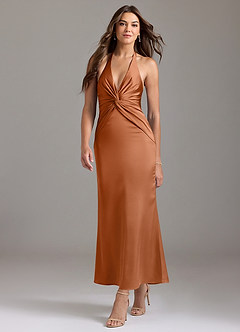 Azazie Valerie Bridesmaid Dresses Copper Mermaid Pleated Stretch Satin Dress image3