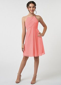 Azazie Ginny Junior Coral A-Line Pleated Chiffon Dress image1