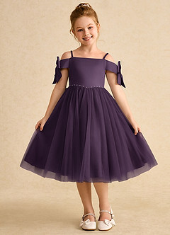 Azazie Amie Flower Girl Dresses Plum A-Line Off the Shoulder Matte Satin Dress image3