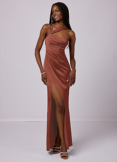 Barbie ♥ Azazie Robes de demoiselle d'honneur Robe Sirène en Satin extensible Ue épaule Auburn image3