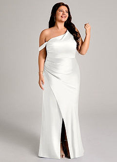 Azazie Madelyn Abiti da Damigella Abito Convertibile Sirena in Raso Elasticizzato Monospalla Bianco image13