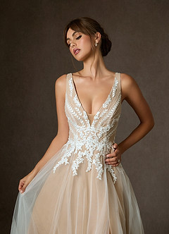 Azazie Goddess Wedding Dresses Diamond White Sand A-Line V-Neck Sequins Tulle Dress image6