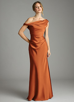 Azazie Emerson Bridesmaid Dresses Cinnamon Mermaid Off the Shoulder Stretch Satin Dress image1