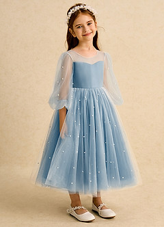 Azazie Trudy Flower Girl Dresses Steel Blue Ball-Gown Sweetheart Neckline Tulle Dress image1