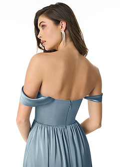 Azazie Morana Jurken voor bruidsmeisjes Converteerbaar Jurk van Stretch Satijn met A-Lijn Off the Shoulder Stoffig Blauw image7