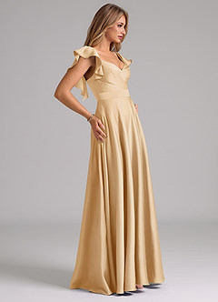 Azazie Leilani Bridesmaid Dresses Gold A-Line Ruched Stretch Satin Dress image6