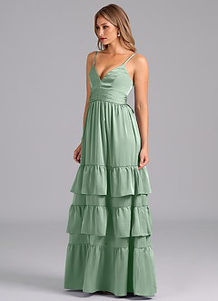 Azazie Nathalia Bridesmaid Dresses Agave A-Line Pleated Stretch Satin Dress image4