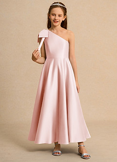 Azazie Guppy Junior Formal vestidos de niña de las flores Vestido de Rosa Rubor de Satin Mate de Corte En A con Hombro unilateral image3