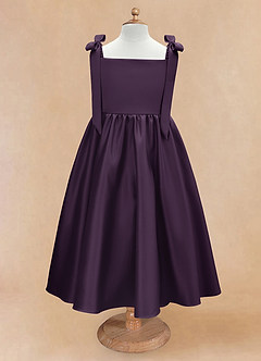 Azazie Chelsie Flower Girl Dresses Plum A-Line Bow Matte Satin Dress image5