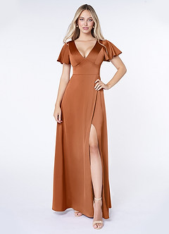 Azazie Lani Brautjungfernkleider A-Linie Volantärmel Stretch-Satin Kleid Kupfer image1