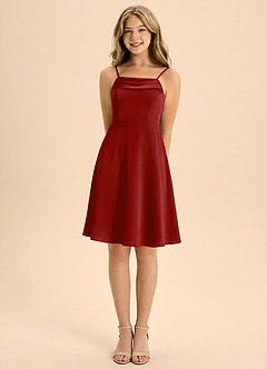 Azazie Anselie Junior Pomegranate A-Line Pleated Stretch Satin Dress image5
