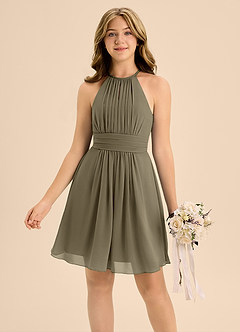 Azazie Bonnie Junior Vestido de Verde Sauce de Gasa de Corte En A con Plisado image3