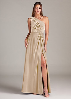 Azazie Brooke Bridesmaid Dresses Champagne A-Line One Shoulder Velvet Dress image1