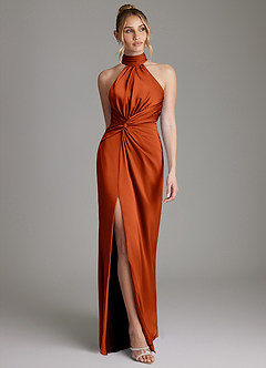 Azazie Gracelynn Bridesmaid Dresses Paprika Sheath Pleated Stretch Satin Dress image1