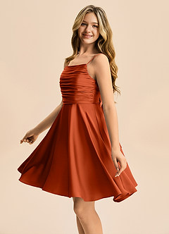 Azazie Miko Junior Paprika A-Line Pleated Stretch Satin Dress image7