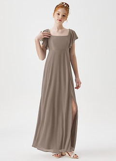 Azazie Bondi Junior A-Linie Seitliche Cut-Outs Gittergewebe Kleid Taupe image5