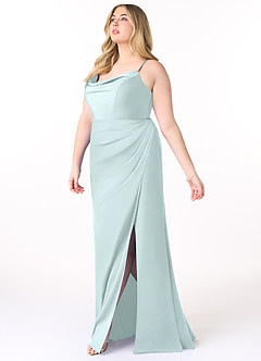 Azazie Marzia Bridesmaid Dresses Sea Glass Sheath Cowl Pleated Stretch Satin Dress image18