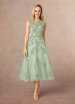 Azazie Flynn Mother of the Bride Dresses Dusty Sage A-Line Boatneck Lace Tulle Dress image1