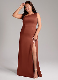 Azazie Phaedra Bridesmaid Dresses Auburn A-Line One Shoulder Stretch Satin Dress image3