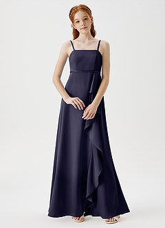 Azazie Kaylee Junior Robe Trapèze en Satin extensible avec ceinture Bleu Orageux image1